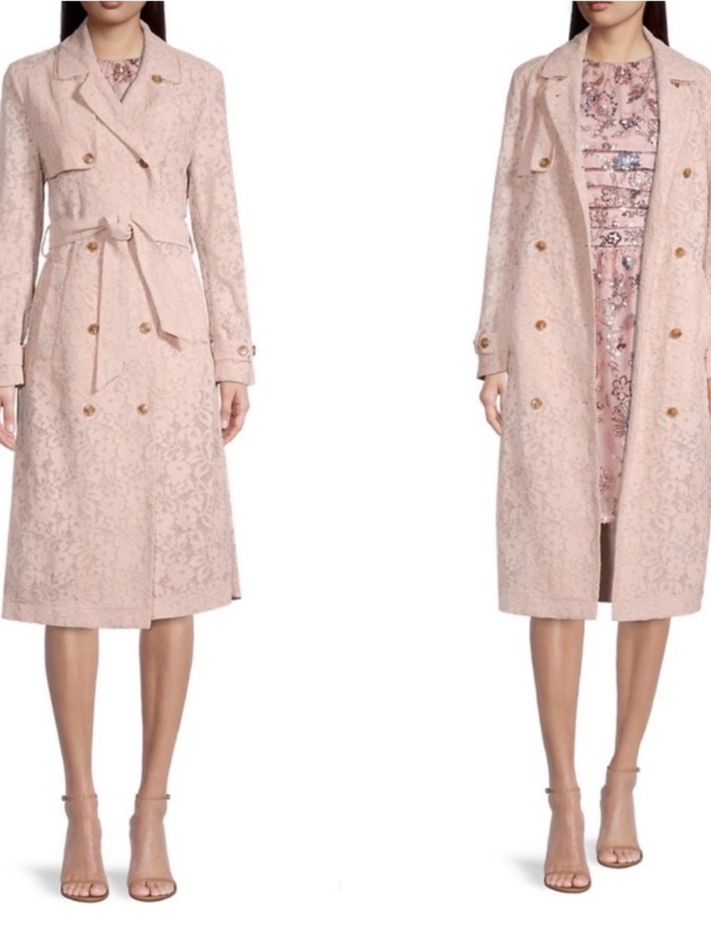 Blush Pink Floral Lace Double Breasted Trench Coat with Belt